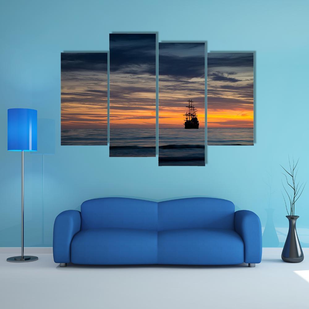Pirate Ship At Sunset Canvas Wall Art-4 Pop-Gallery Wrap-50" x 32"-Tiaracle