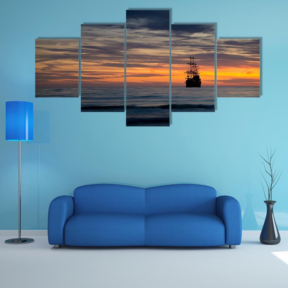 Pirate Ship At Sunset Canvas Wall Art-5 Star-Gallery Wrap-62" x 32"-Tiaracle