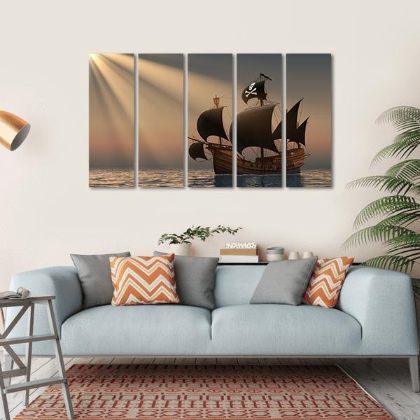 Pirate Ship In Rays Of The Sun Canvas Wall Art-5 Horizontal-Gallery Wrap-22" x 12"-Tiaracle