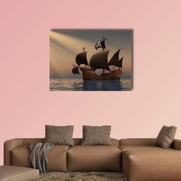 Pirate Ship In Rays Of The Sun Canvas Wall Art-5 Star-Gallery Wrap-62" x 32"-Tiaracle