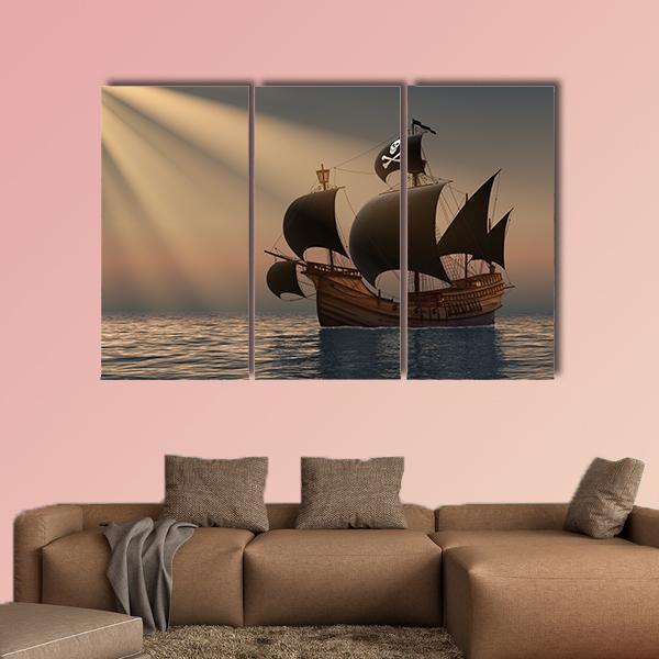 Pirate Ship In Rays Of The Sun Canvas Wall Art-3 Horizontal-Gallery Wrap-37" x 24"-Tiaracle