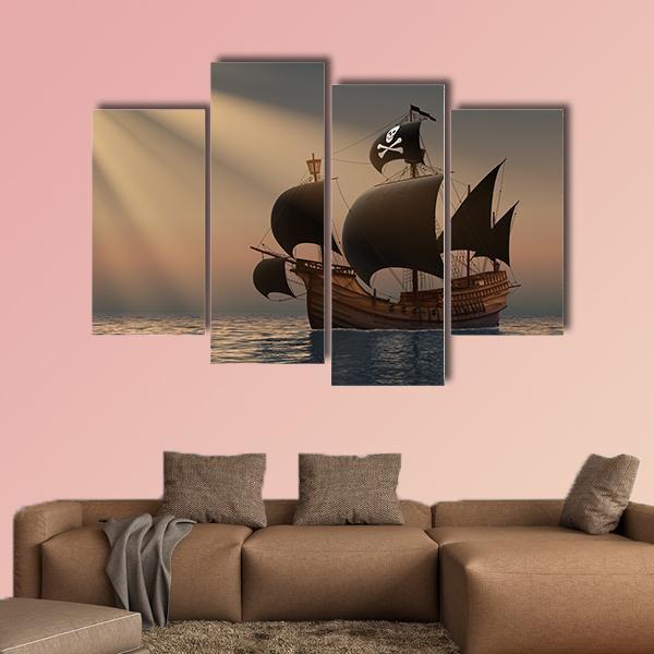 Pirate Ship In Rays Of The Sun Canvas Wall Art-4 Pop-Gallery Wrap-50" x 32"-Tiaracle