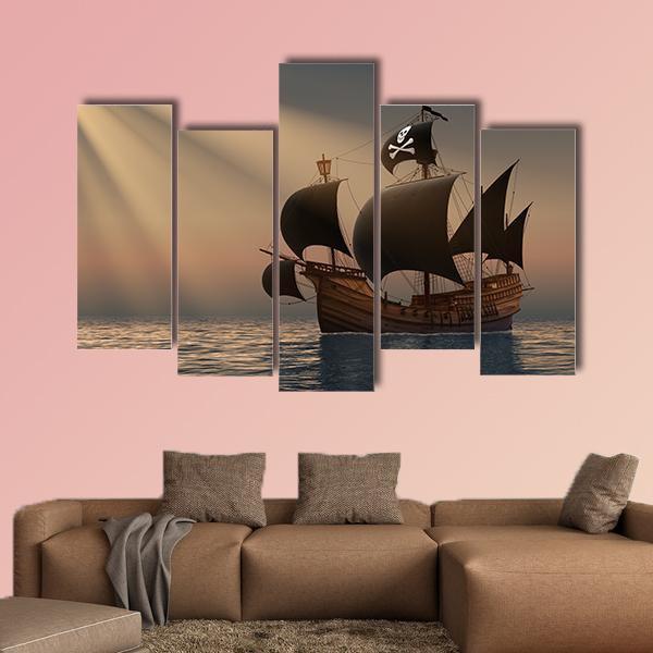 Pirate Ship In Rays Of The Sun Canvas Wall Art-5 Pop-Gallery Wrap-47" x 32"-Tiaracle