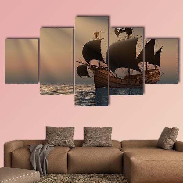 Pirate Ship In Rays Of The Sun Canvas Wall Art-5 Star-Gallery Wrap-62" x 32"-Tiaracle