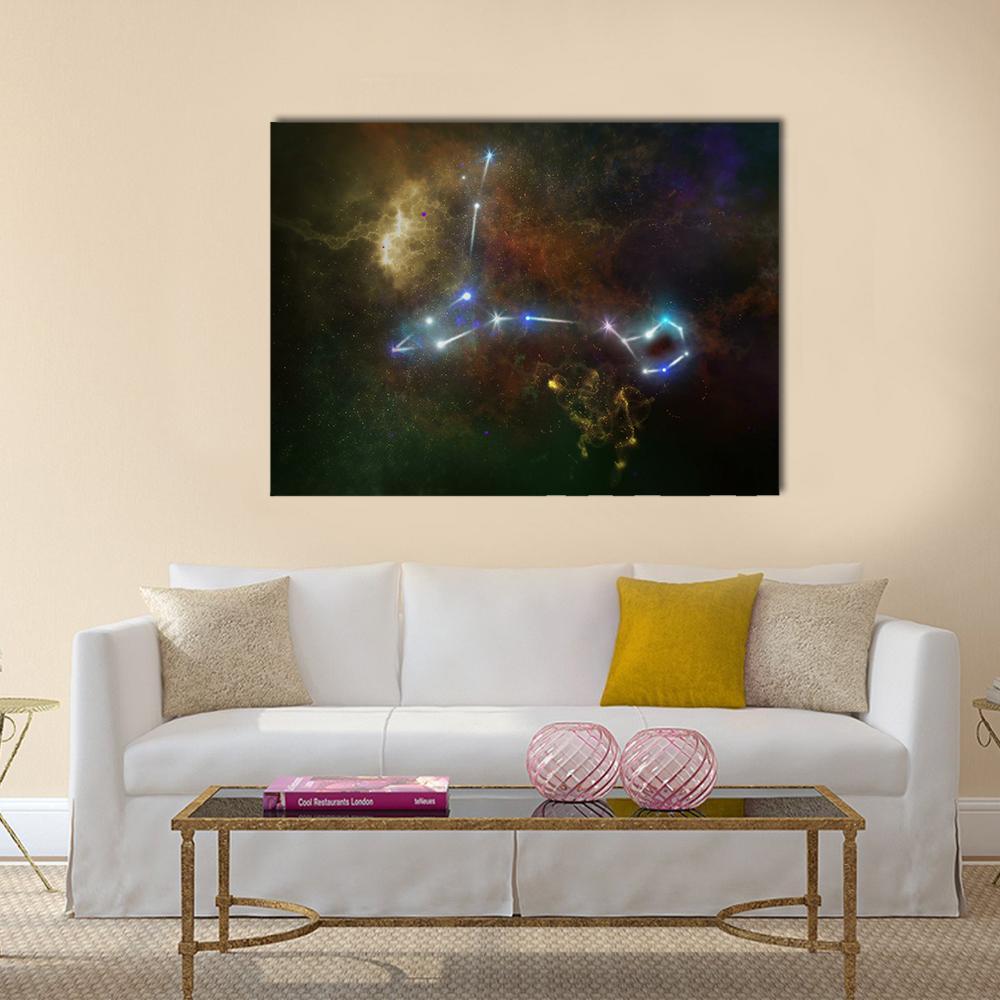 Pisces Constellation Canvas Wall Art in black, blue and multicolor, single panel hung on a wall