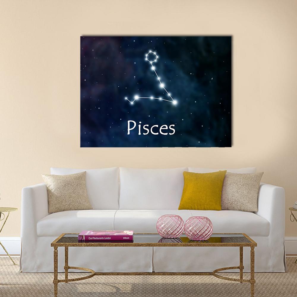Pisces Zodiac Constellation Canvas Wall Art in black, blue and navy, single panel hung on a wall