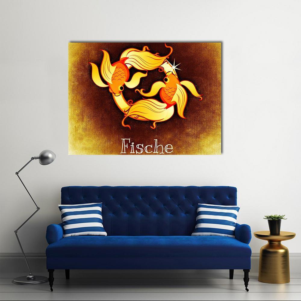 Pisces Zodiac Fish Illustration Canvas Wall Art in gold, orange and yellow, single panel hung on a wall
