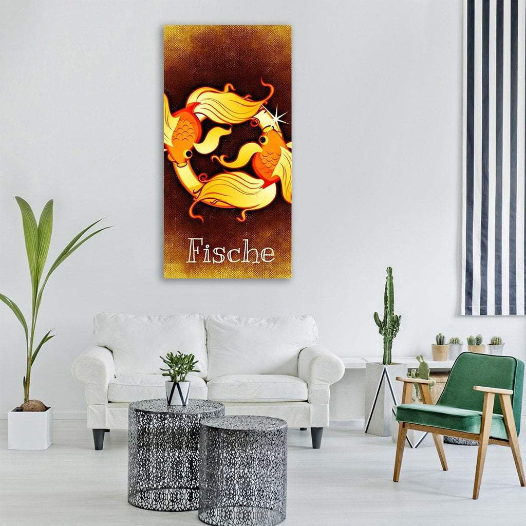 Pisces Goldfish Zodiac Illustration Vertical Canvas Wall Art in brown, gold and yellow, single vertical panel hung on a wall