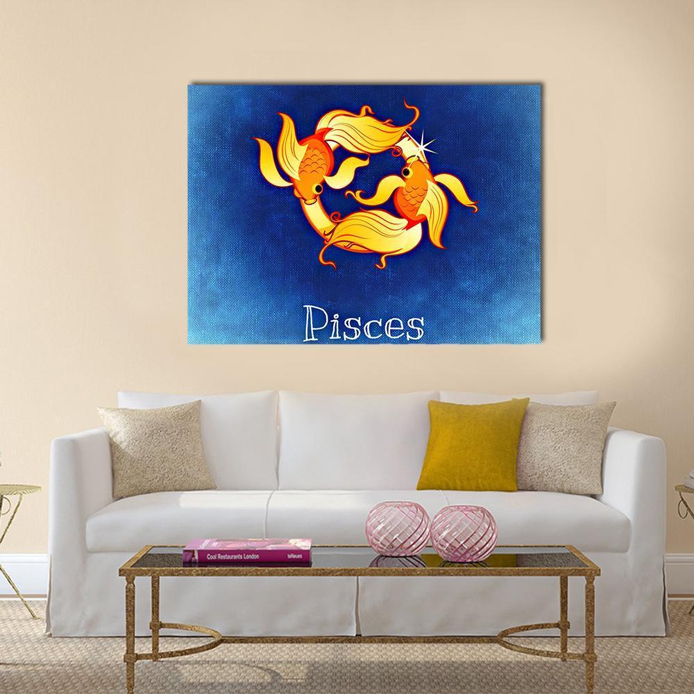 Pisces Zodiac Sign Canvas Wall Art in orange, yellow and blue, single panel hung on a wall
