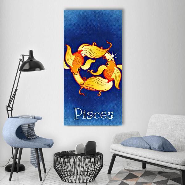 Pisces Zodiac Sign Vertical Canvas Wall Art in orange, yellow and blue, single vertical panel hung on a wall