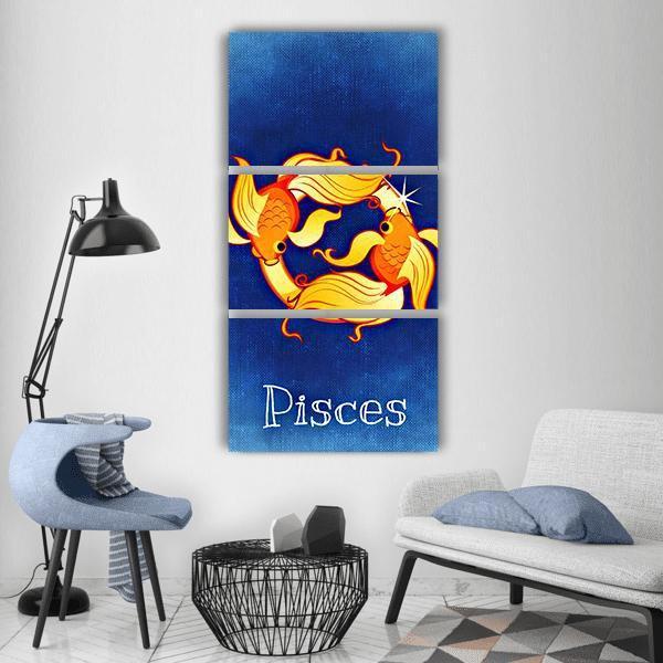 Pisces Zodiac Sign Vertical Canvas Wall Art in orange, yellow and blue, hung on a wall