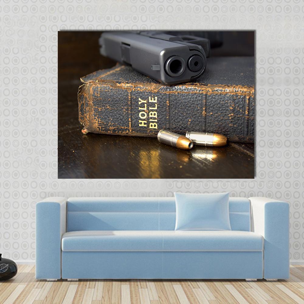Pistol And Ammo With Bible Canvas Wall Art-1 Piece-Gallery Wrap-36" x 24"-Tiaracle