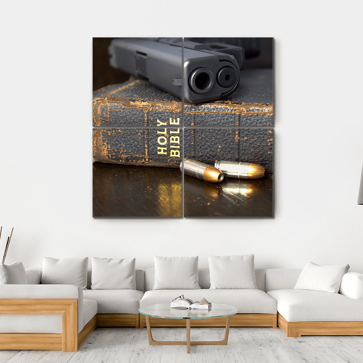 Handgun and Bible Still Life Canvas Wall Art in black, brown and gold, hung on a wall