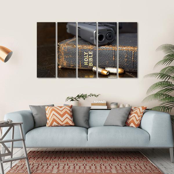 Pistol And Ammo With Bible Canvas Wall Art