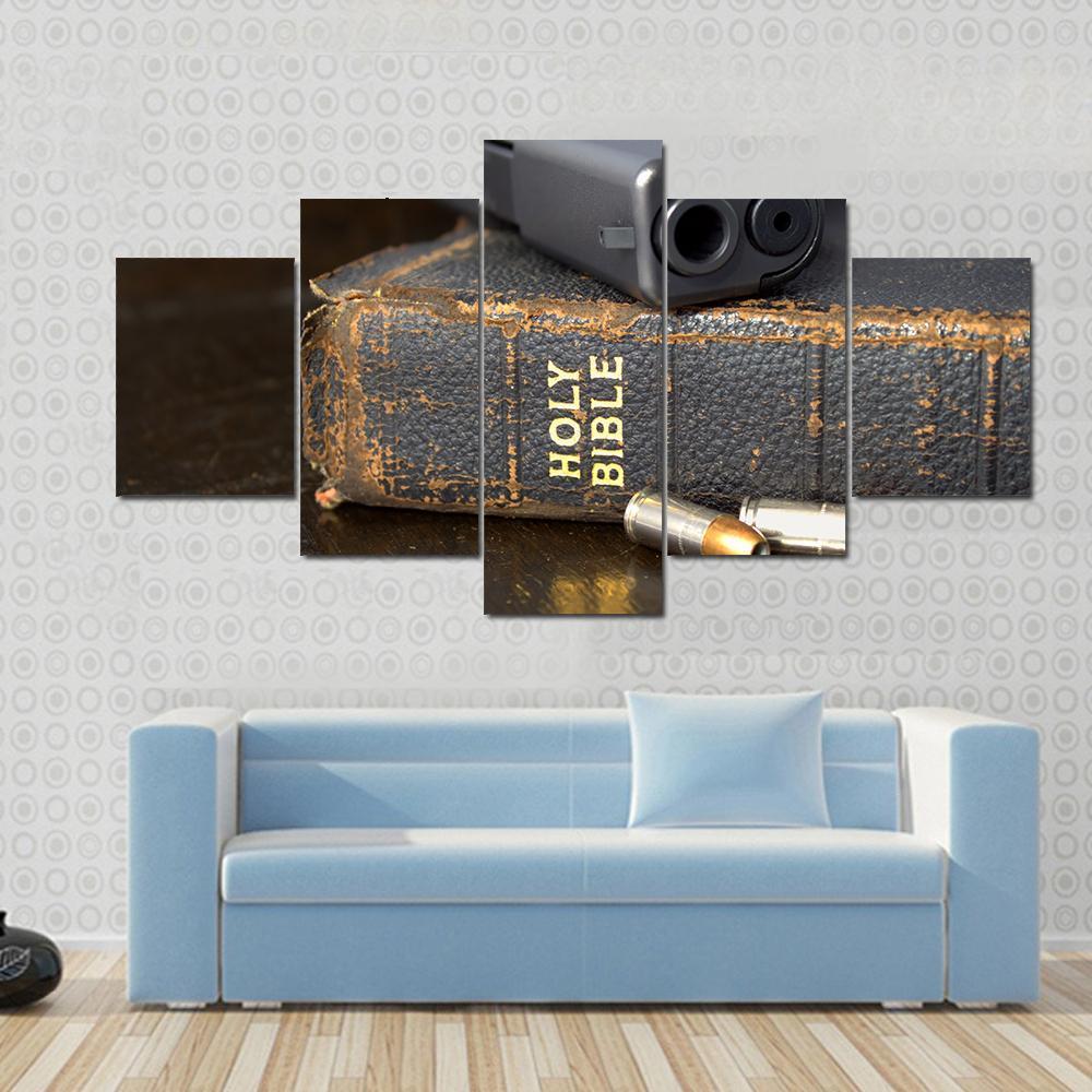 Pistol And Ammo With Bible Canvas Wall Art-3 Horizontal-Gallery Wrap-37" x 24"-Tiaracle