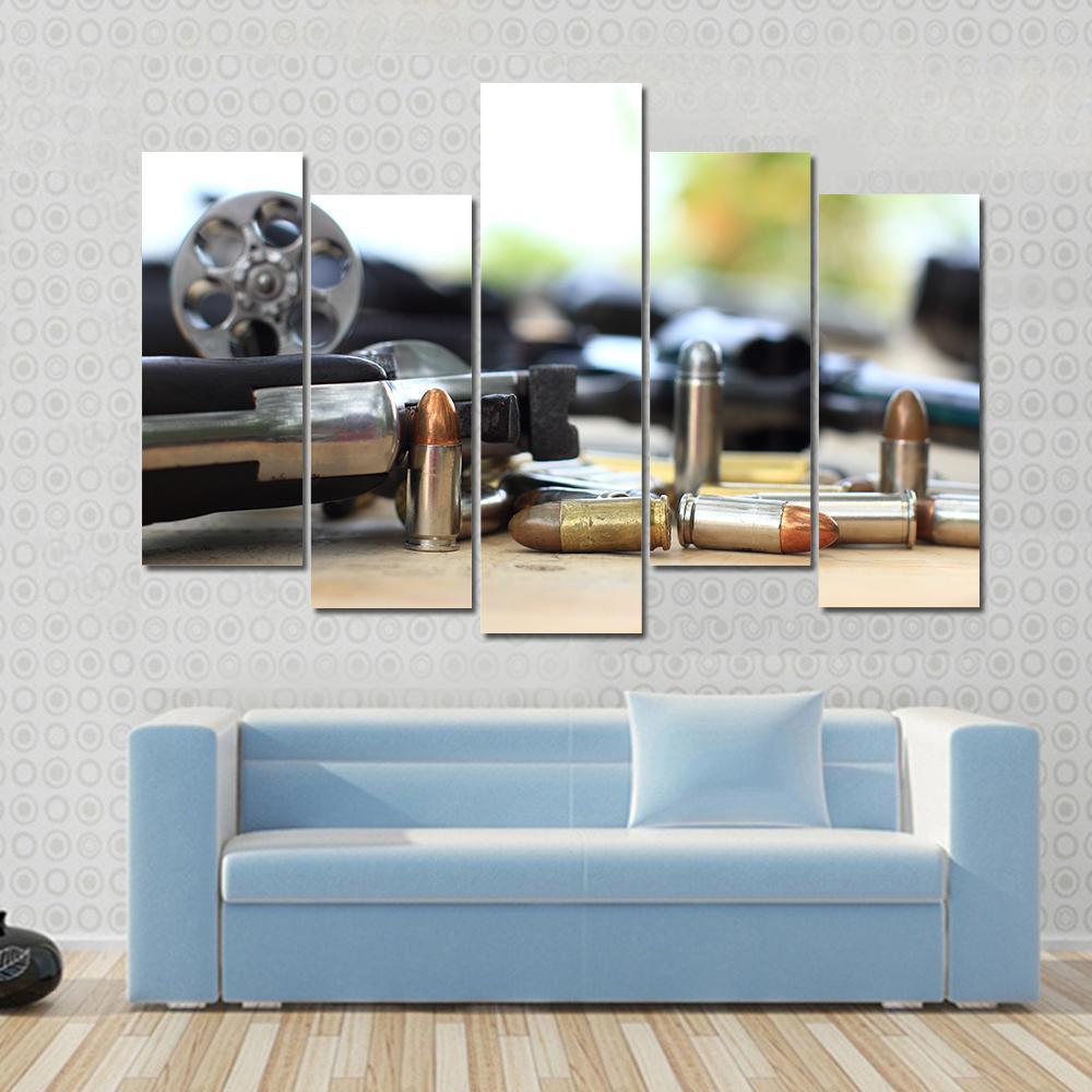 Pistol And Bullet On Table Wooden Canvas Wall Art-5 Pop-Gallery Wrap-47" x 32"-Tiaracle