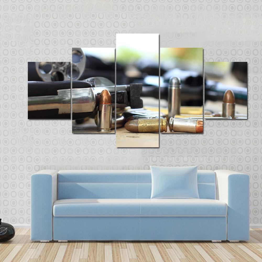 Pistol And Bullet On Table Wooden Canvas Wall Art-5 Pop-Gallery Wrap-47" x 32"-Tiaracle