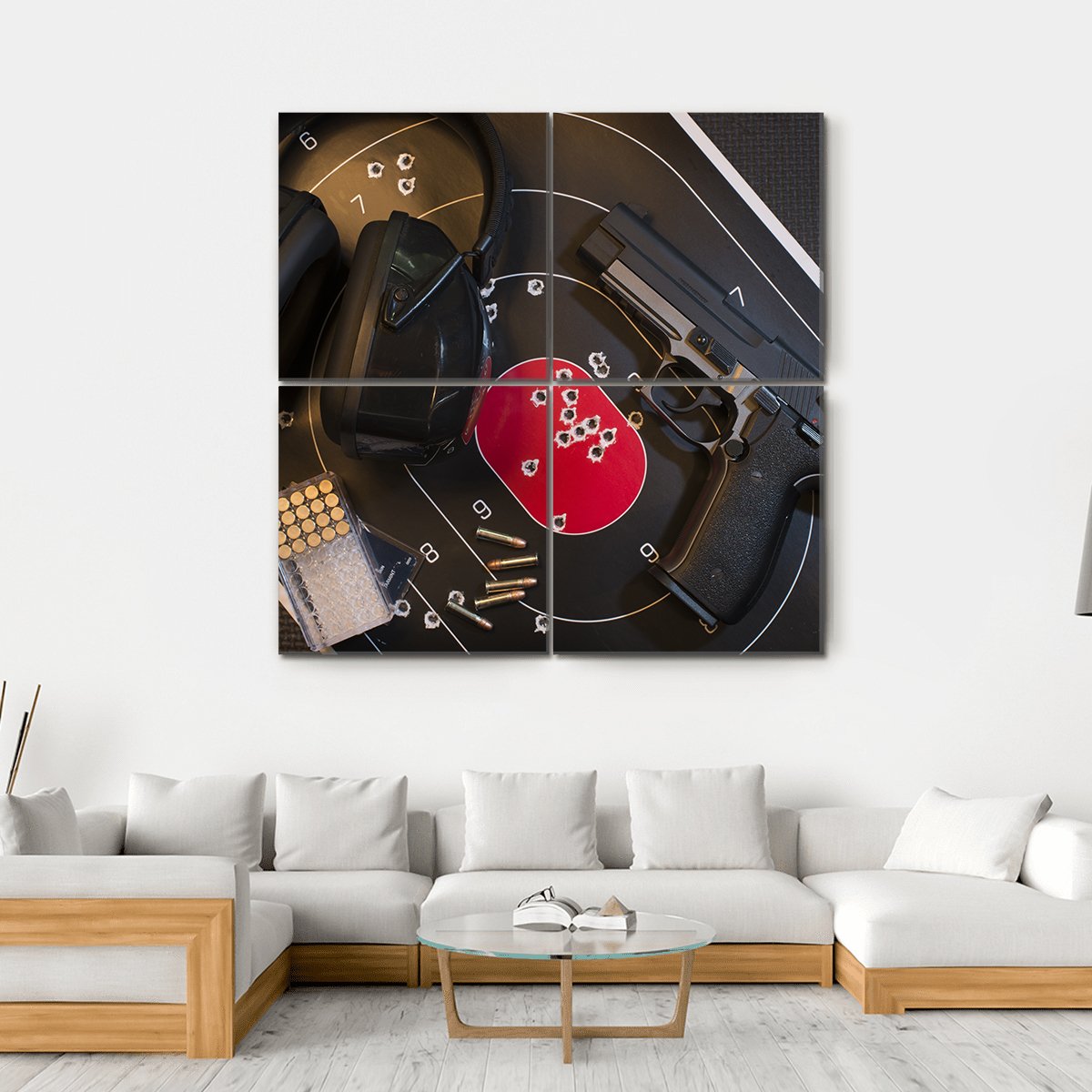 Pistol Target And Ammo Canvas Wall Art-4 Square-Gallery Wrap-17" x 17"-Tiaracle