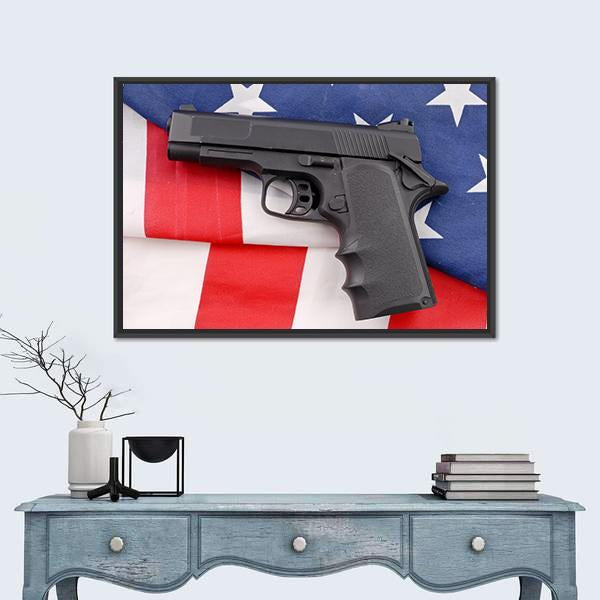 Pistol With American Flag Canvas Wall Art-1 Piece-Floating Frame-24" x 16"-Tiaracle