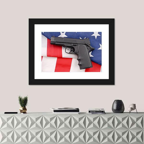 Pistol With American Flag Canvas Wall Art-1 Piece-Framed Print-20" x 16"-Tiaracle