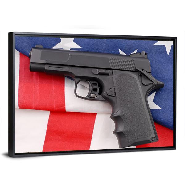 Pistol With American Flag Canvas Wall Art-3 Horizontal-Gallery Wrap-25" x 16"-Tiaracle