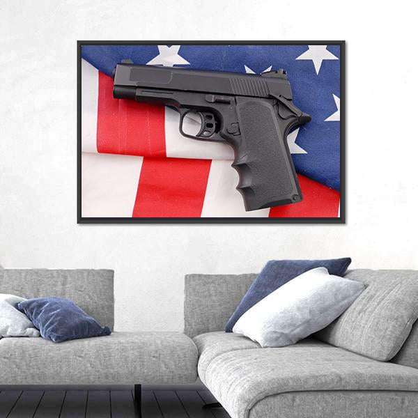 Pistol With American Flag Canvas Wall Art-3 Horizontal-Gallery Wrap-25" x 16"-Tiaracle