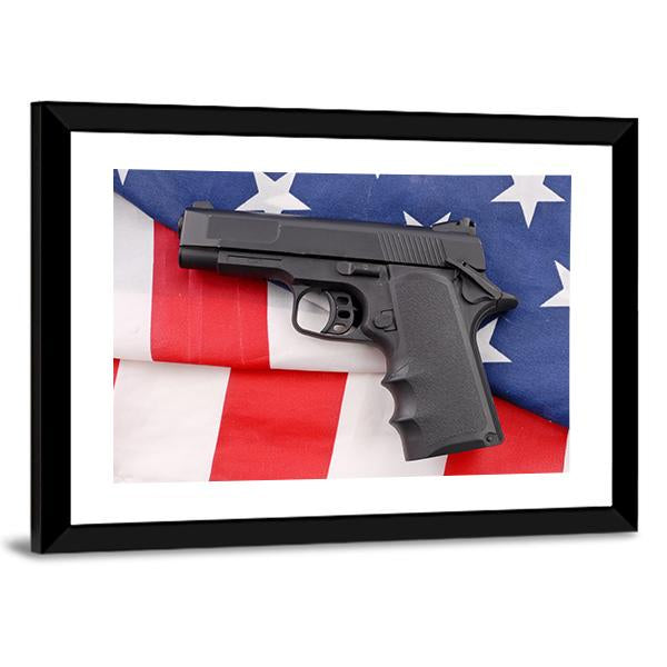 Pistol With American Flag Canvas Wall Art-3 Horizontal-Gallery Wrap-25" x 16"-Tiaracle
