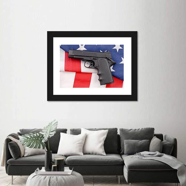 Pistol With American Flag Canvas Wall Art-3 Horizontal-Gallery Wrap-25" x 16"-Tiaracle