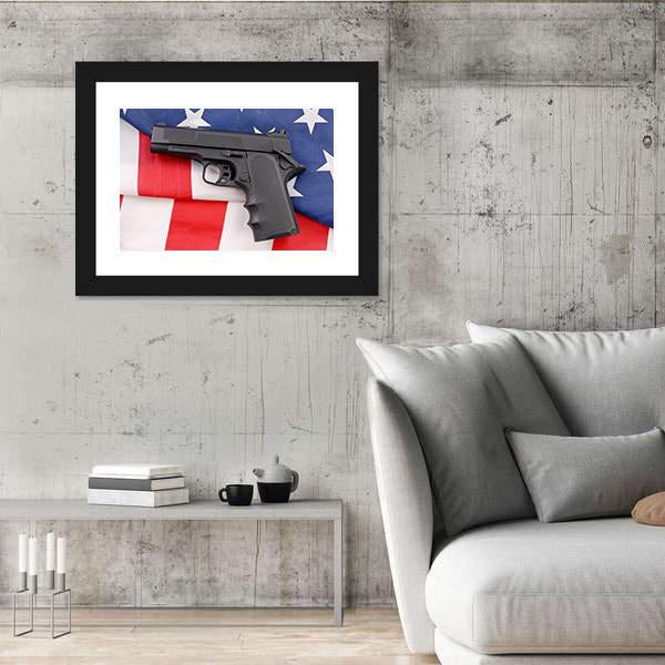 Pistol With American Flag Canvas Wall Art-3 Horizontal-Gallery Wrap-25" x 16"-Tiaracle
