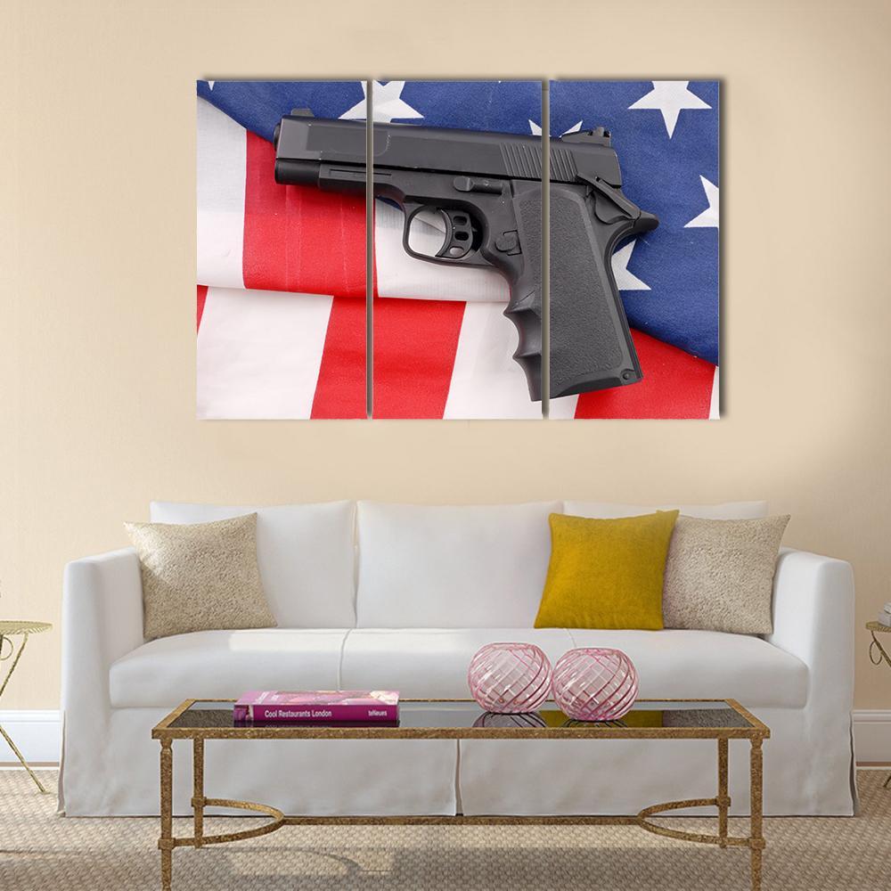 Pistol With American Flag Canvas Wall Art-3 Horizontal-Gallery Wrap-37" x 24"-Tiaracle