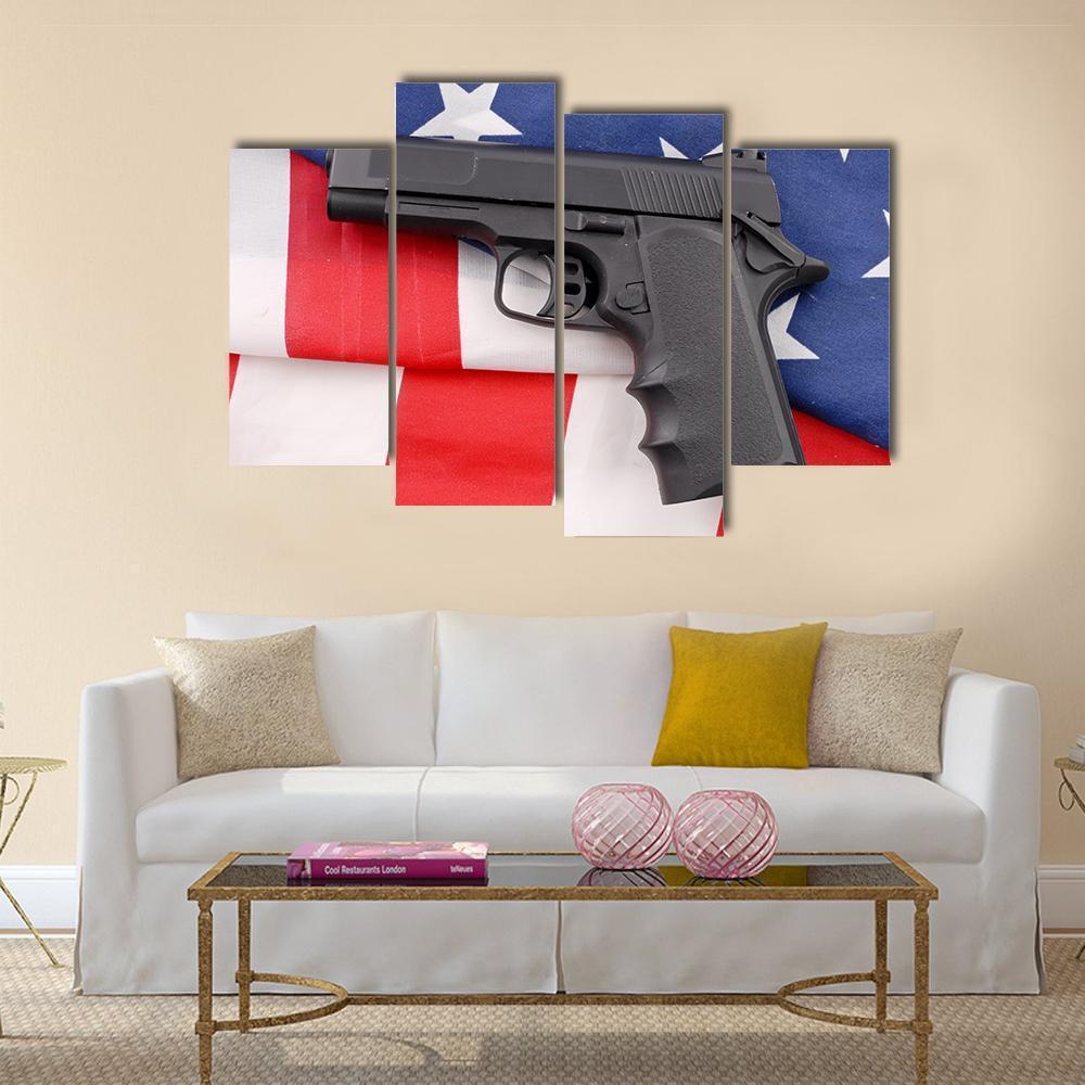 Pistol With American Flag Canvas Wall Art-4 Pop-Gallery Wrap-50" x 32"-Tiaracle