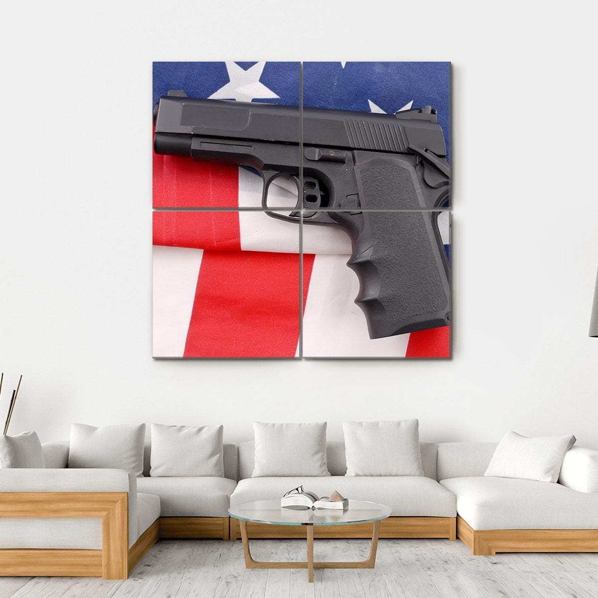 Pistol With American Flag Canvas Wall Art-4 Square-Gallery Wrap-17" x 17"-Tiaracle