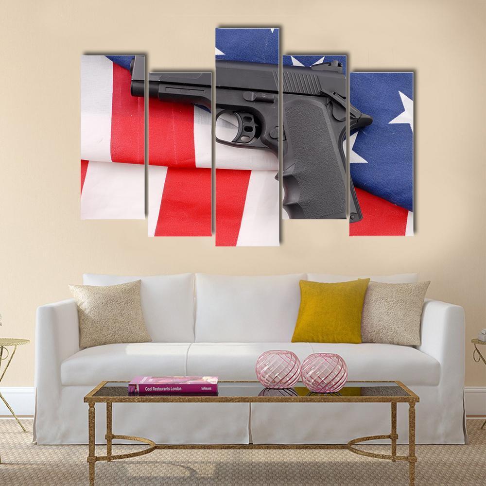 Pistol With American Flag Canvas Wall Art-5 Pop-Gallery Wrap-47" x 32"-Tiaracle