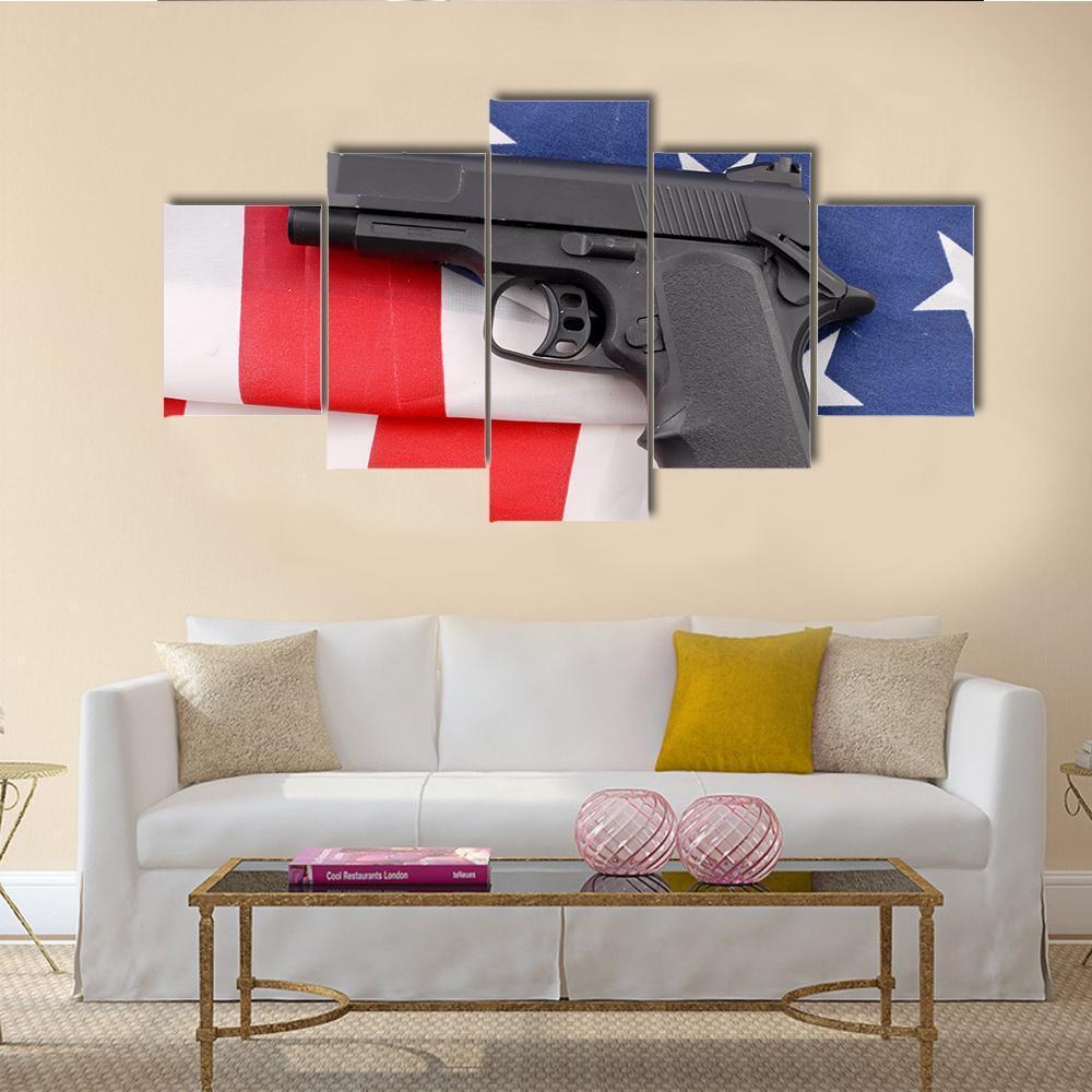 Pistol With American Flag Canvas Wall Art-5 Star-Gallery Wrap-62" x 32"-Tiaracle