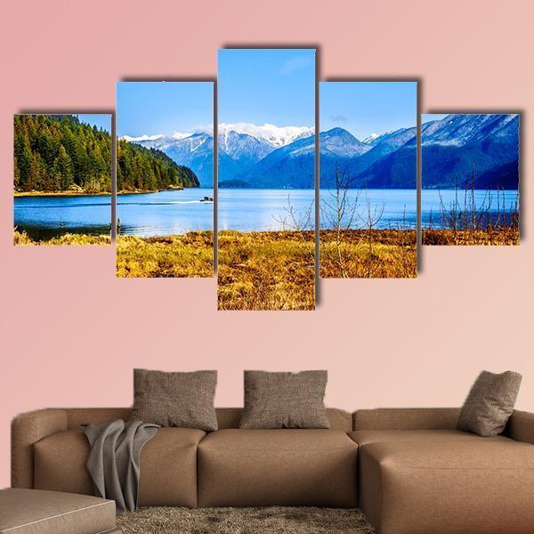 Pitt Lake With The Snow Capped Peaks Of The Golden Ears Canvas Wall Art-5 Star-Gallery Wrap-62" x 32"-Tiaracle