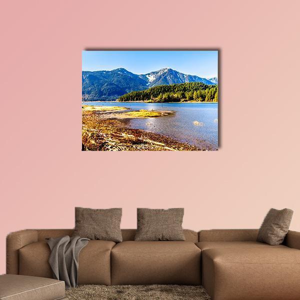 Pitt Lake with Tingle Peak Canvas Wall Art in brown, green and blue, single panel hung on a wall