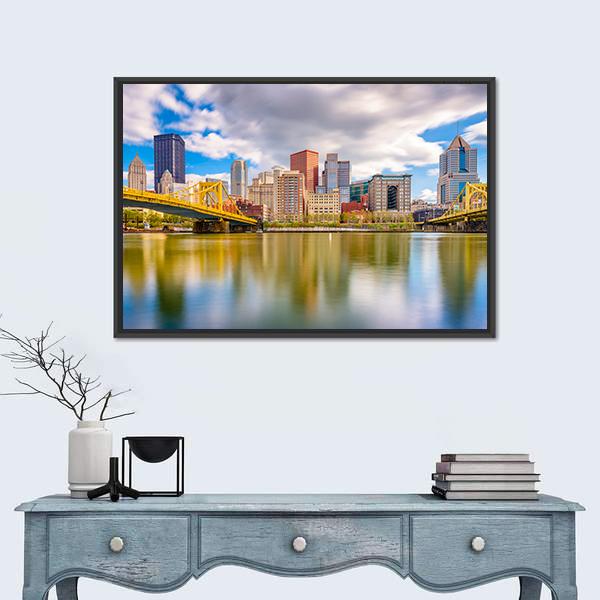 Pittsburgh Skyline Canvas Wall Art in gray, yellow and blue, framed canvas, product view on a white background