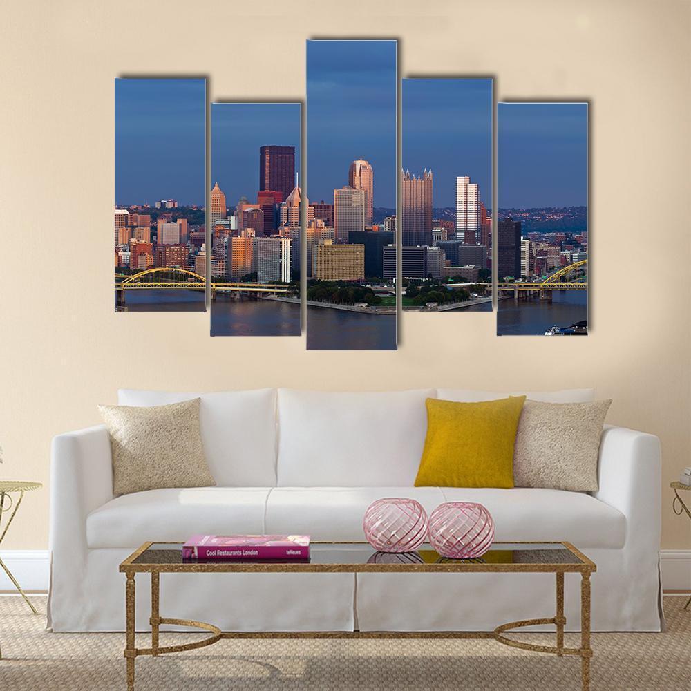 Pittsburgh Skyline Panorama Canvas Wall Art-5 Pop-Gallery Wrap-47" x 32"-Tiaracle