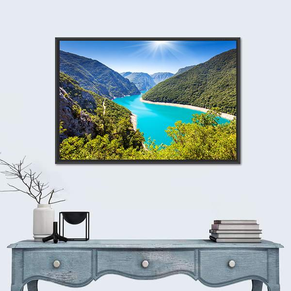 Piva Canyon With Its Reservoir Canvas Wall Art-1 Piece-Floating Frame-24" x 16"-Tiaracle
