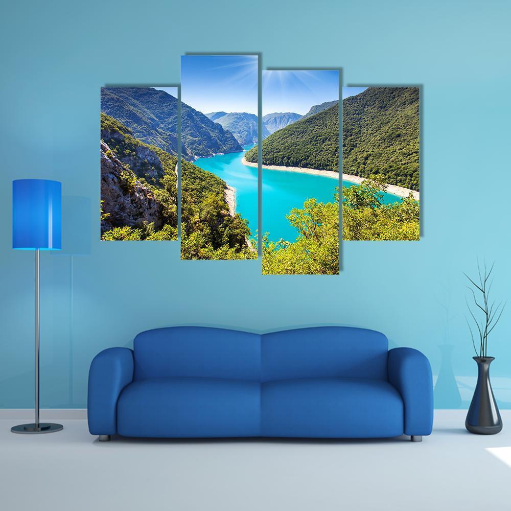 Piva Canyon With Its Reservoir Canvas Wall Art-4 Pop-Gallery Wrap-50" x 32"-Tiaracle