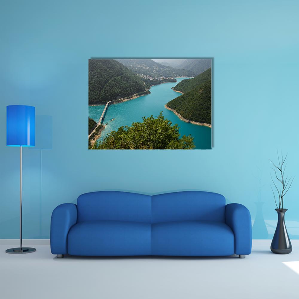 Pivsko Lake Montenegro Landscape Canvas Wall Art in green and blue, single panel hung on a wall