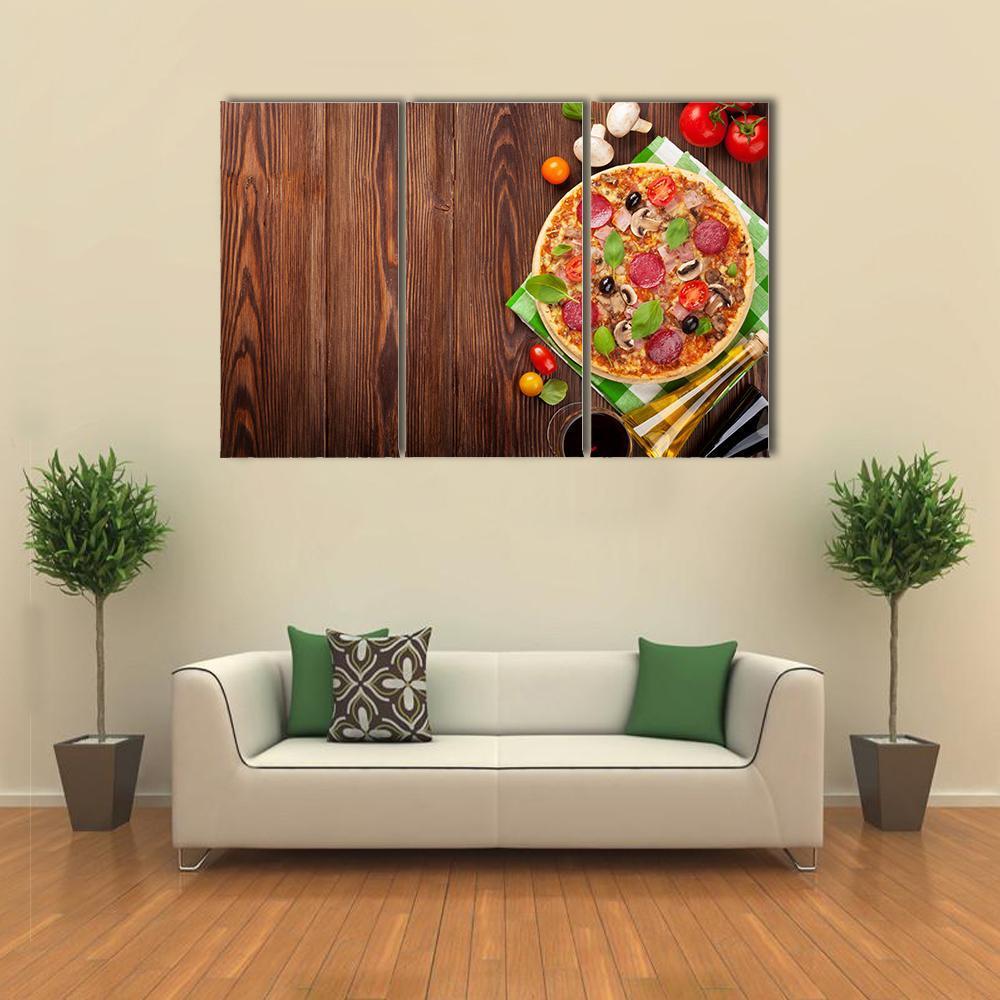 Pizza On Wooden Table Canvas Wall Art-3 Horizontal-Gallery Wrap-37" x 24"-Tiaracle