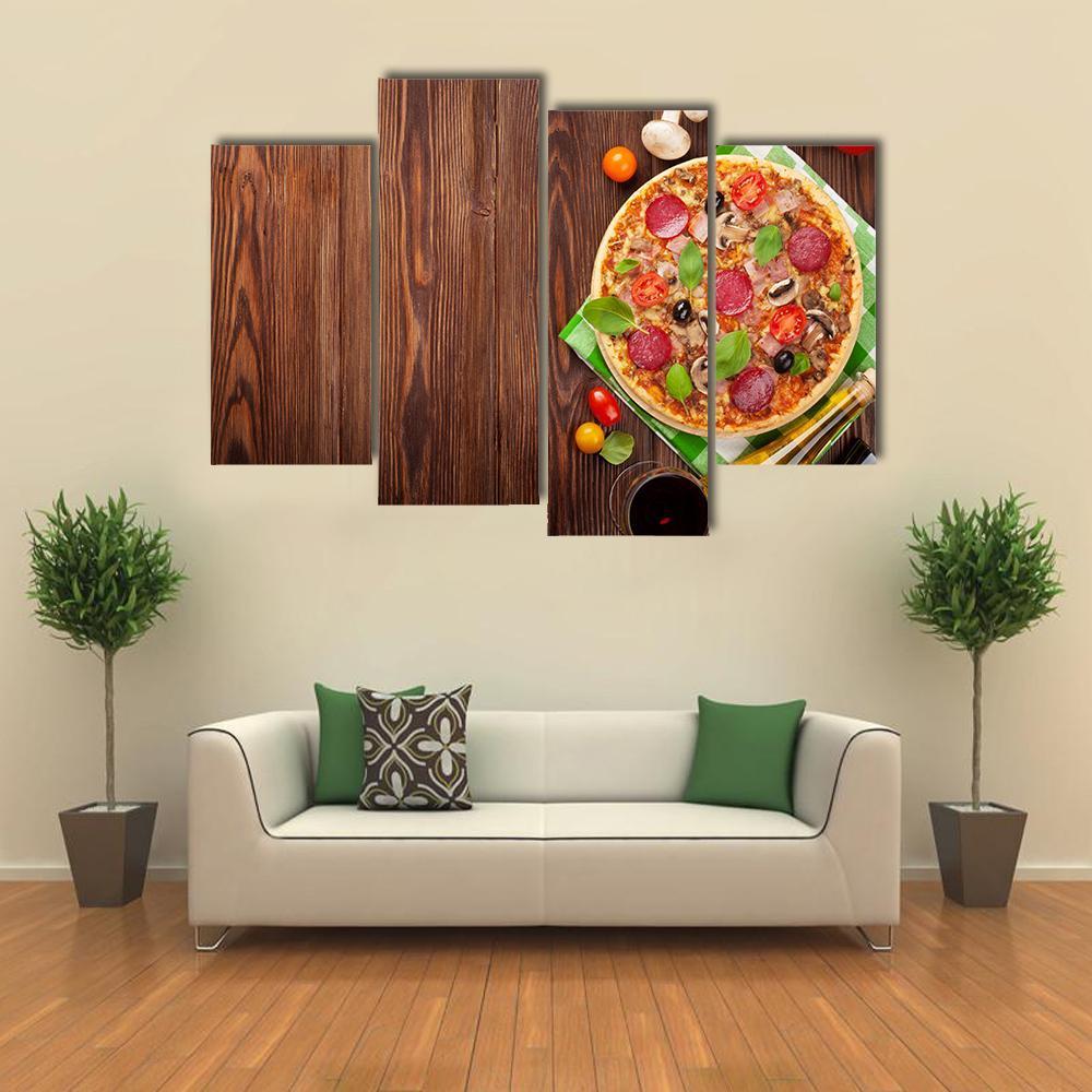 Pizza On Wooden Table Canvas Wall Art-4 Pop-Gallery Wrap-50" x 32"-Tiaracle