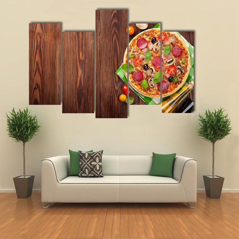 Pizza On Wooden Table Canvas Wall Art-5 Pop-Gallery Wrap-47" x 32"-Tiaracle