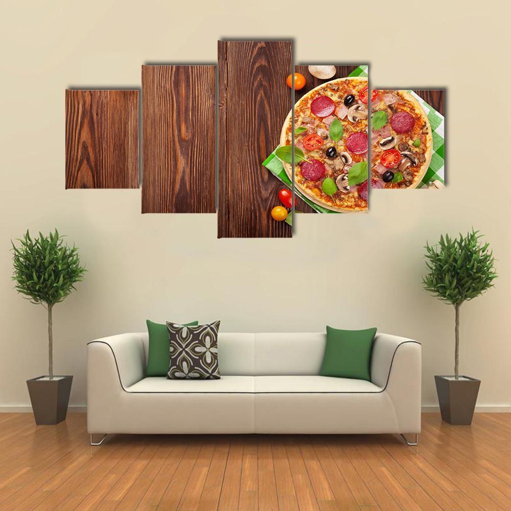 Pizza On Wooden Table Canvas Wall Art-4 Pop-Gallery Wrap-50" x 32"-Tiaracle