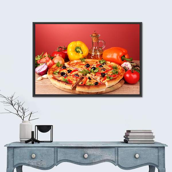 Pizza and Vegetables on a Table Canvas Wall Art in brown, red and yellow, framed canvas, product view on a white background