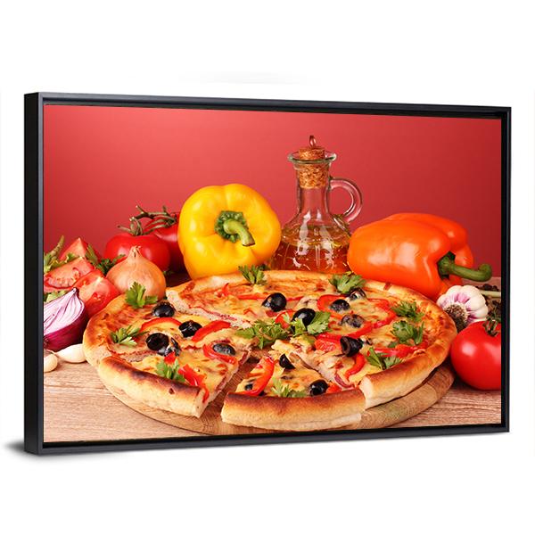 Pizza And Vegetables On A Table Canvas Wall Art-3 Horizontal-Gallery Wrap-25" x 16"-Tiaracle