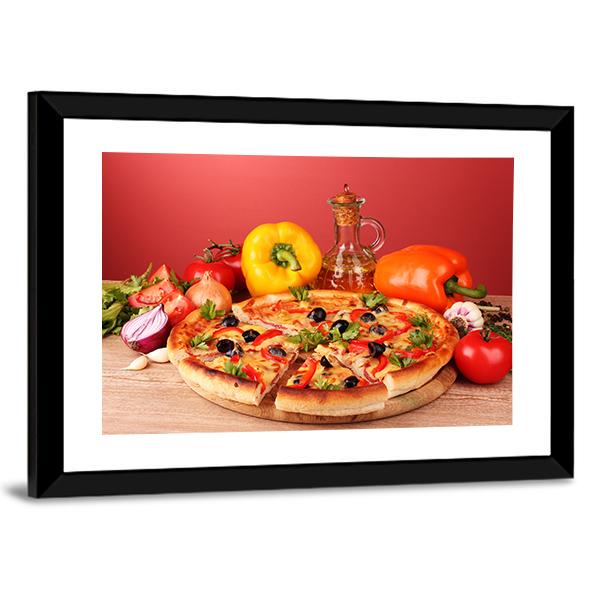 Pizza And Vegetables On A Table Canvas Wall Art-3 Horizontal-Gallery Wrap-25" x 16"-Tiaracle