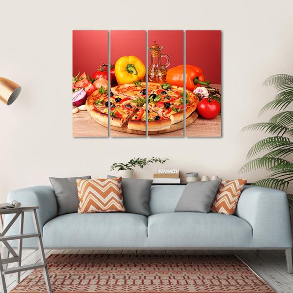 Pizza And Vegetables On A Table Canvas Wall Art-4 Horizontal-Gallery Wrap-34" x 24"-Tiaracle