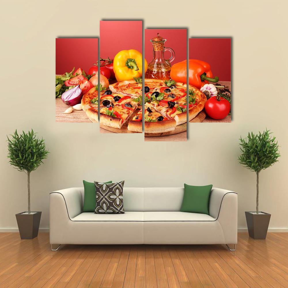 Pizza And Vegetables On A Table Canvas Wall Art-4 Pop-Gallery Wrap-50" x 32"-Tiaracle